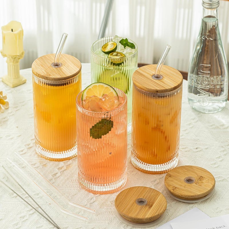 KELVEE Reusable Glass Coffee Tumbler with Bamboo Lid and Straw Pack of 1, 400ml Multipurpose Drinking Glasses Travel Sipper for Juice Water Smoothies Cocktail Mugs (Linning) - Image 2