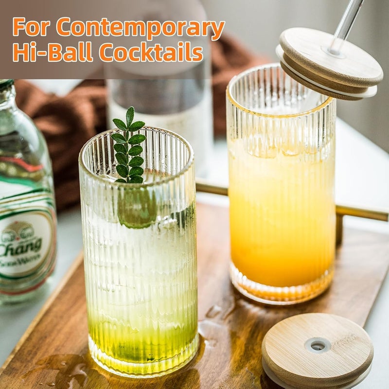 KELVEE Reusable Glass Coffee Tumbler with Bamboo Lid and Straw Pack of 1, 400ml Multipurpose Drinking Glasses Travel Sipper for Juice Water Smoothies Cocktail Mugs (Linning) - Image 1