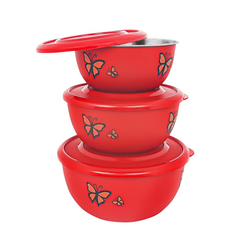 Zaib Microwave Safe Stainless Steel Food Storage Containers with Lid Set of 3 Capacity [ 1250 ML, 800 ML, 500 ML ] (Classic Red Butterfly 3) - Image 1