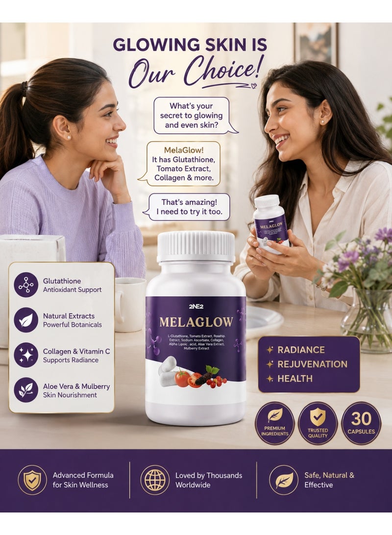 Melaglow 2NE2 MelaGlow Capsules, L-Glutathione, Tomato Extract, Vitamin C, Collagen & Botanical Blend, 30 Capsules - Image 2