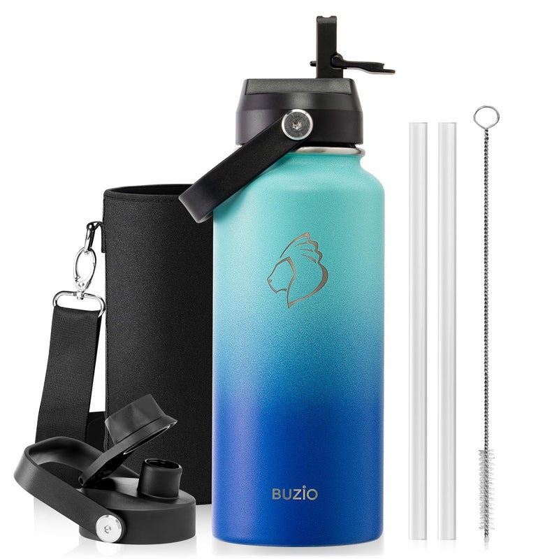 BUZIO Stainless Steel Water Bottle (Cold for 48 Hrs, Hot for 24 Hrs), 32 oz Vacuum Insulated Water Bottle with Straw Lid and Flex Cap (Double Wall, Wide Mouth, BPA Free, Leak Proof), Caribbean Blue - Image 1