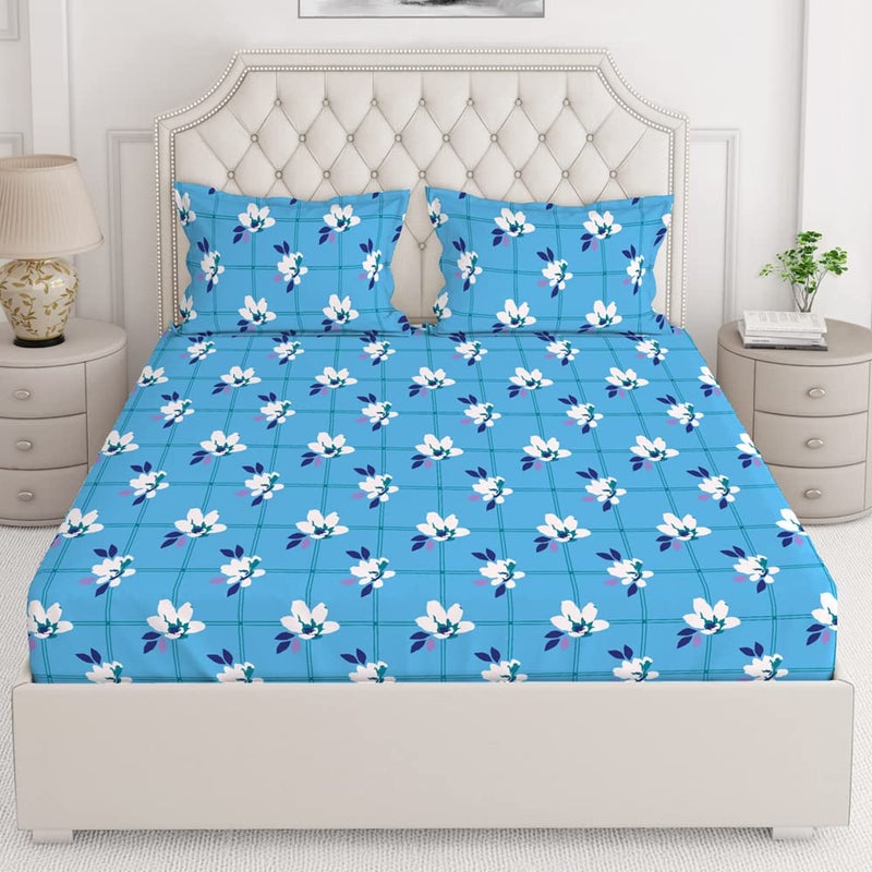 Layers Classic 100 Cotton Bedsheet Set for All Seasons Lightweight Moisture Absorbent Machine Washable Easy to Care Gift for Housewarming More 104 TC Queen Size Blue Floral Pattern - Image 1