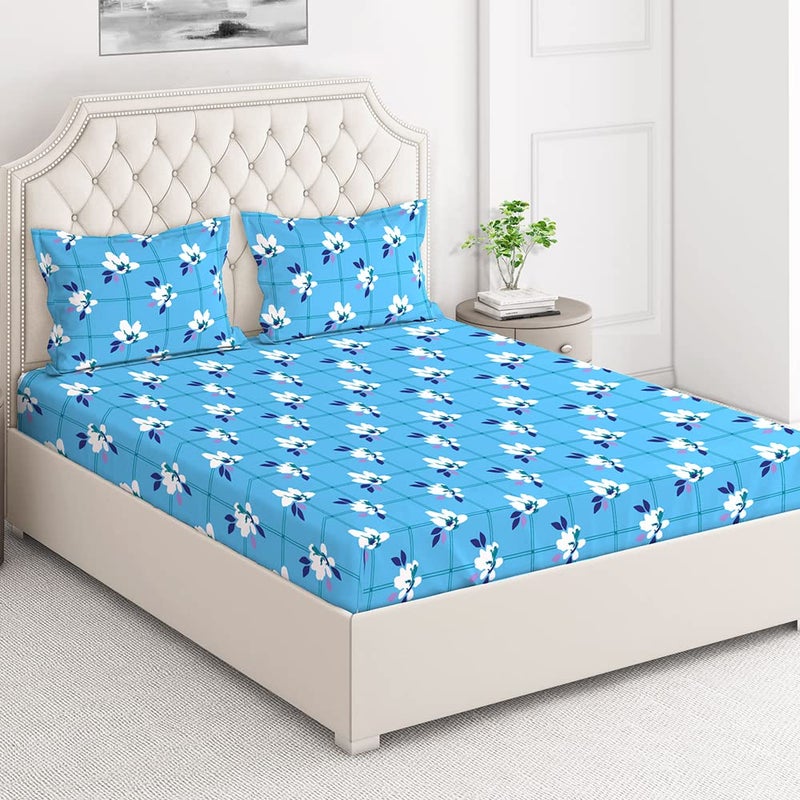 Layers Classic 100 Cotton Bedsheet Set for All Seasons Lightweight Moisture Absorbent Machine Washable Easy to Care Gift for Housewarming More 104 TC Queen Size Blue Floral Pattern - Image 2