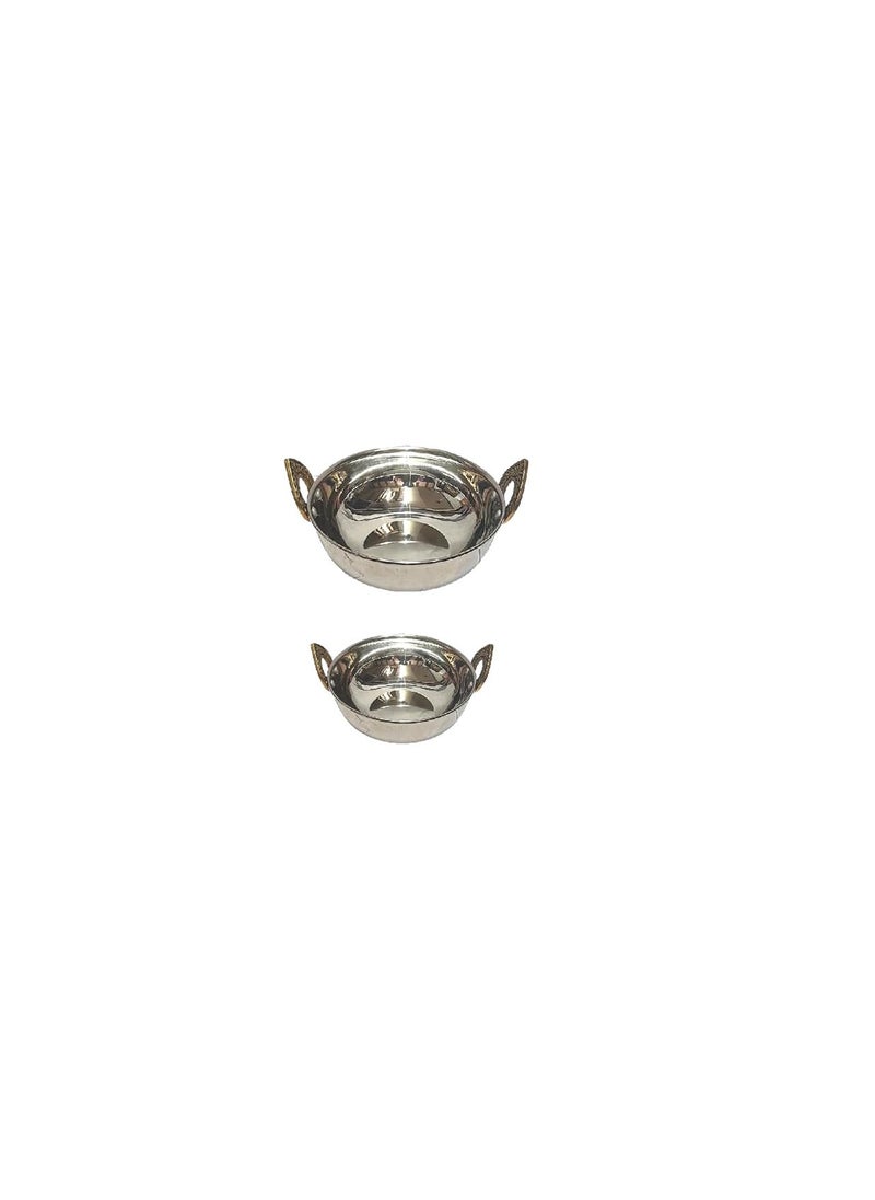 FINALITY finality Stainless Steel Set of 2 Pcs Mirror Finish Heavy Gauge Serving Kadai with Designer Brass Handle Set for Serving Purpose in Hotels Restaurants Small Medium 