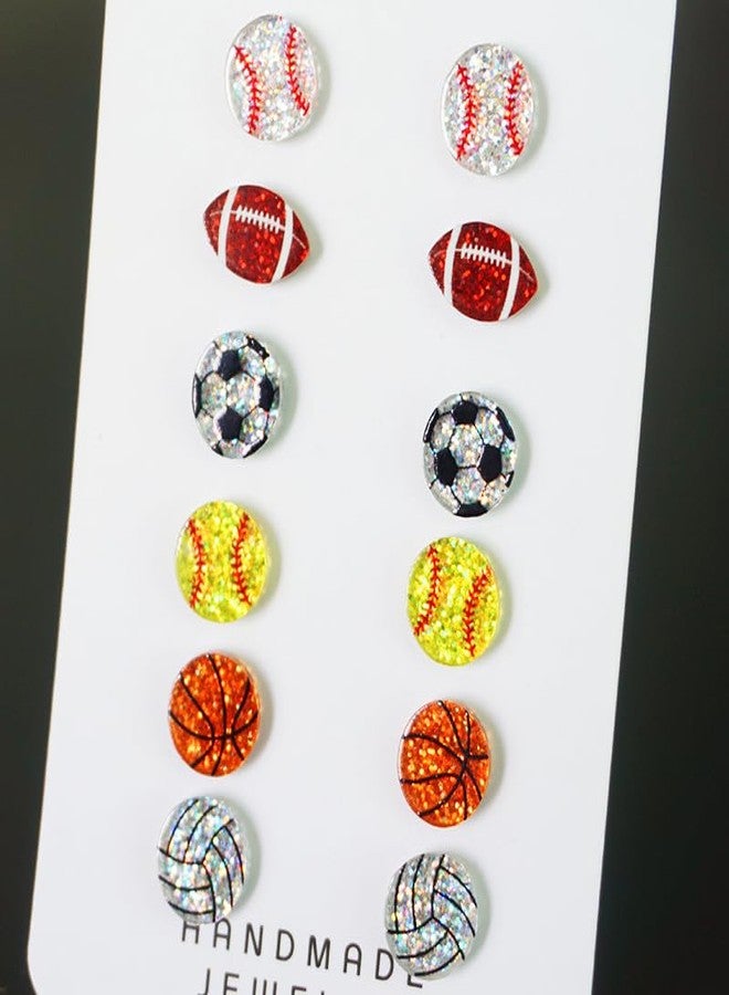 Pingyongchang Stackable Sport Acrylic Stud Earrings Set for Sport Lover Volleyball Baseball Basketball Football Rugby Glitter Jewelry for Women Birthday Mother's Day Valentine's Day Friendship Gifts - Image 2