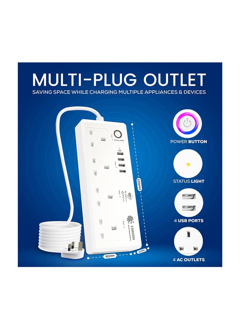CAROSKI - Power Extension Cord 4AC Outlets - Smart Power Strip Wifi Extension Plug with 4 USB Ports Surge Protector - Charging Socket with 6 ft long Extension Cord - Image 1
