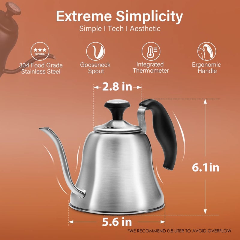Chefbar Tea Kettle with Thermometer for Stove Top Gooseneck Kettle, Pour Over Coffee Tea Pot, Goose Neck Tea Pot Stovetop, Hot Water Heater for Camping, Home & Kitchen, Stainless Steel - Small 28oz - Image 2