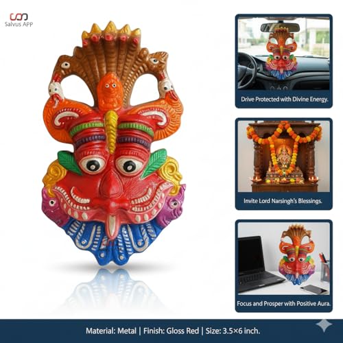 Salvus APP SOLUTIONS Narsingh Kirtimukha Metal Wall Hanging Face Mask for Home Entrance & Pooja Room Décor, Traditional Hindu Decorative Wall Art, Red, 3.5 x 6 Inch - Image 3