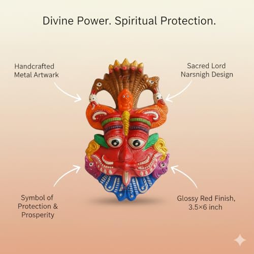 Salvus APP SOLUTIONS Narsingh Kirtimukha Metal Wall Hanging Face Mask for Home Entrance & Pooja Room Décor, Traditional Hindu Decorative Wall Art, Red, 3.5 x 6 Inch - Image 4