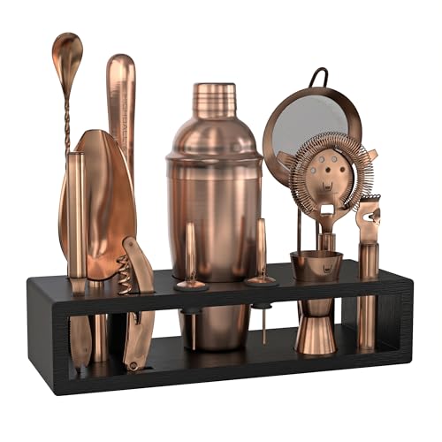 Highball  Chaser Highball Chaser Bartender Kit with Espresso Bamboo Stand Beautiful Cobbler Cocktail Shaker Set with Bar Tools Rustproof Stainless Steel Bar Set Antique Copper - Image 1