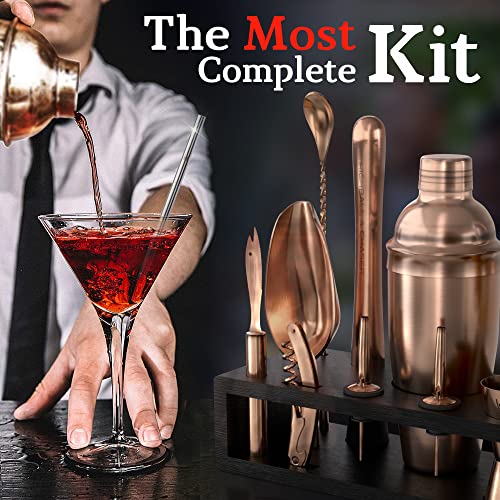 Highball  Chaser Highball Chaser Bartender Kit with Espresso Bamboo Stand Beautiful Cobbler Cocktail Shaker Set with Bar Tools Rustproof Stainless Steel Bar Set Antique Copper - Image 3