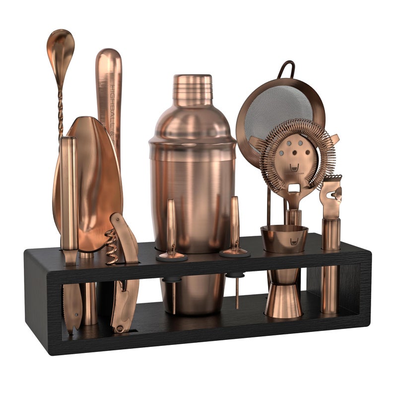 Highball  Chaser Highball Chaser Bartender Kit with Espresso Bamboo Stand Beautiful Cobbler Cocktail Shaker Set with Bar Tools Rustproof Stainless Steel Bar Set Antique Copper - Image 2
