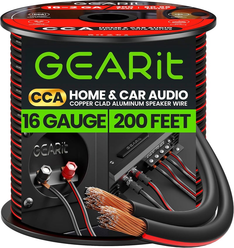 GearIT 16AWG Speaker Wire, Pro Series 16 Gauge Speaker Wire Cable (200 Feet / 60.96 Meters) Great Use for Home Theater Speakers and Car Speakers, Black - Image 1