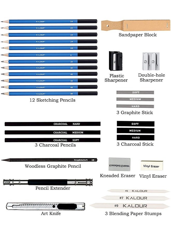 كالور مجموعة أقلام رسم KALOUR (34 حزمة) - حقيبة سفر بسحاب - قلم رسم، قلم فحمي، ورق مزج، ممحاة - لوازم رسم فني للمبتدئين والأطفال والبالغين - Image 3