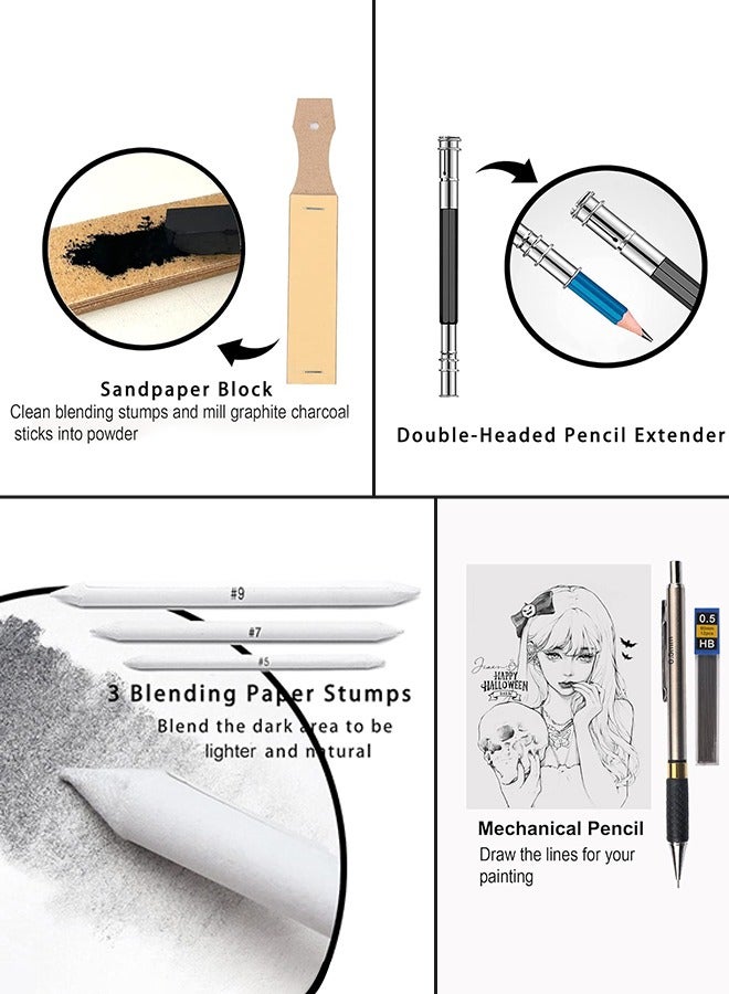 كالور مجموعة أقلام رسم KALOUR (34 حزمة) - حقيبة سفر بسحاب - قلم رسم، قلم فحمي، ورق مزج، ممحاة - لوازم رسم فني للمبتدئين والأطفال والبالغين - Image 4