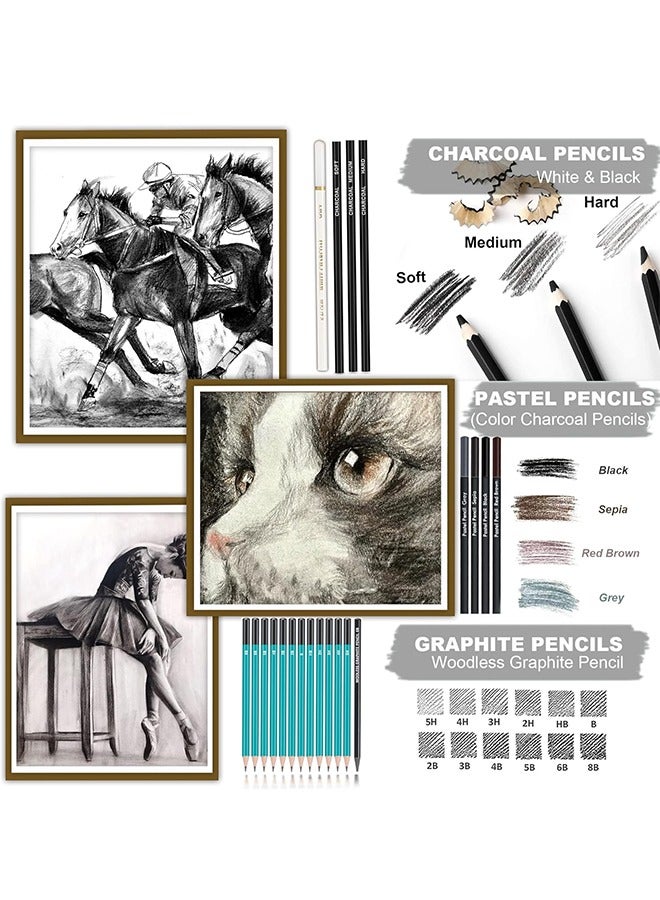 كالور مجموعة أقلام رسم KALOUR (34 حزمة) - حقيبة سفر بسحاب - قلم رسم، قلم فحمي، ورق مزج، ممحاة - لوازم رسم فني للمبتدئين والأطفال والبالغين - Image 5