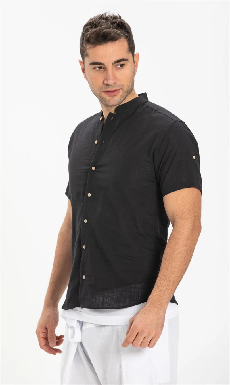 Eliş Şile Bezi Short Sleeve Şile Cloth Bodrum Men's Shirt Black 3003