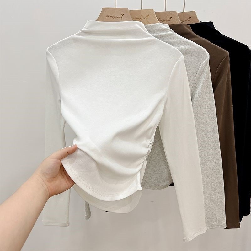 Half-High Collar Fleece Long-Sleeved T-Shirt Women'S Tie-Dyed Pleated Shoulder Design Sense Base Shirt With Short Top - Image 1