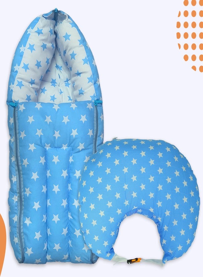 Infans Mini Baby Bedding Set Combo for New Born - Baby Sleeping Bag, Baby Feeding Pillow Ideal for 0 to 6 Months Babies (Star Blue) - Image 1