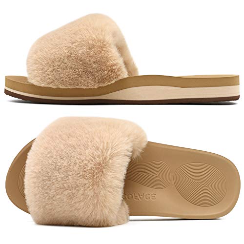 COFACE Fuzzy Slippers for Women Open Toe Fluff Womens House Slippers with Arch Support Plantar Fasciitis Orthotic Orthopedic Woman Slippers Size 7 Indoor Faux Fur Slides - Image 1