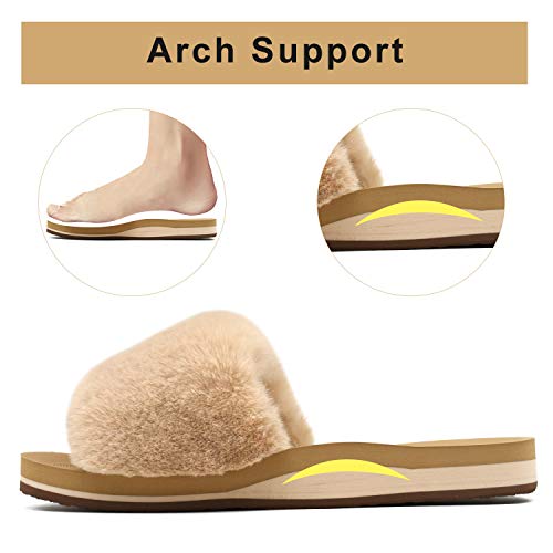 COFACE Fuzzy Slippers for Women Open Toe Fluff Womens House Slippers with Arch Support Plantar Fasciitis Orthotic Orthopedic Woman Slippers Size 7 Indoor Faux Fur Slides - Image 5