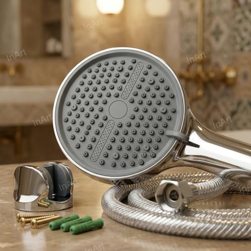 InArt ABS 5-Function Hand Shower with 1.5 Meter Flexible Tube and Wall Hook, Chrome Finish (Silver - Full Set) - Image 5