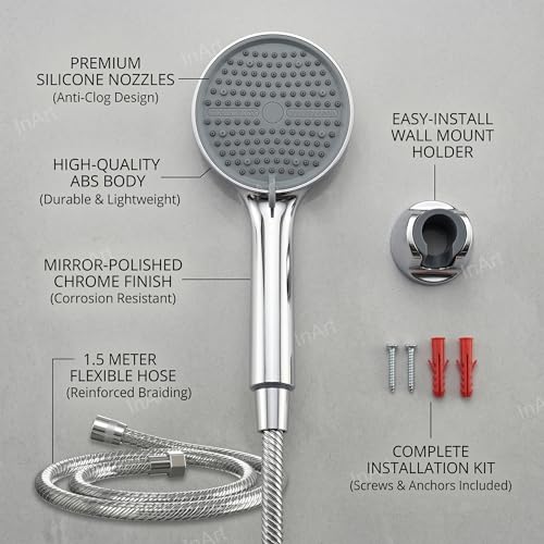InArt ABS 5-Function Hand Shower with 1.5 Meter Flexible Tube and Wall Hook, Chrome Finish (Silver - Full Set) - Image 2