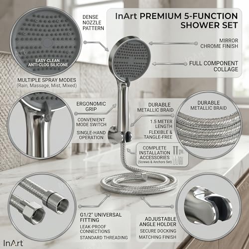 InArt ABS 5-Function Hand Shower with 1.5 Meter Flexible Tube and Wall Hook, Chrome Finish (Silver - Full Set) - Image 3