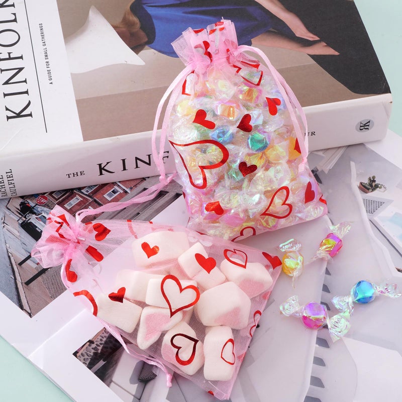 Bskifnn Love Heart Printed Valentine Candy Bags Organza Bags Gift Jewelry Bags for Wedding Valentine's Day Mother's Day Party 4 x 6Inch (100) - Image 3