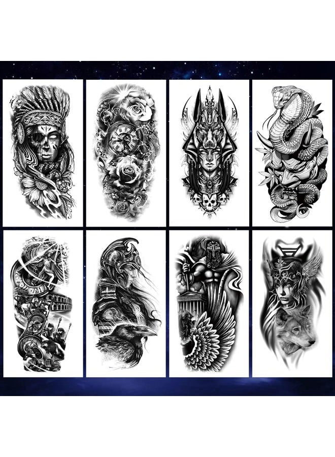 Oottati 8 Sheets Waterproof Arm Leg Fake Temporary Tattoo - Indian Skull Snake Egypt Anubis Flower Compass Prajna Greek Myth Soldier - Image 2