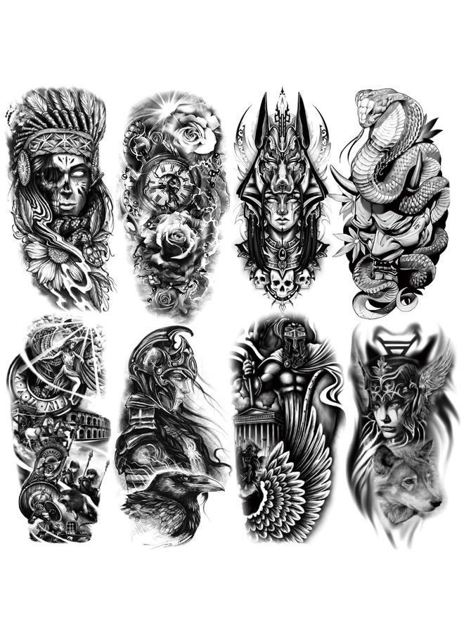 Oottati 8 Sheets Waterproof Arm Leg Fake Temporary Tattoo - Indian Skull Snake Egypt Anubis Flower Compass Prajna Greek Myth Soldier - Image 1