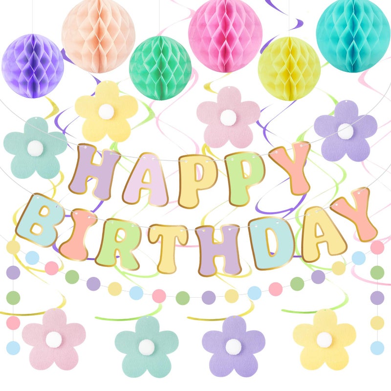 Amandir Pastel Birthday Decorations for Girls Women, Happy Birthday Banner with Honeycomb Balls, Daisy Flowers Hanging Swirls, Circle Dots Garland, Pastel Spring Easter Party Decorations Supplies - Image 1