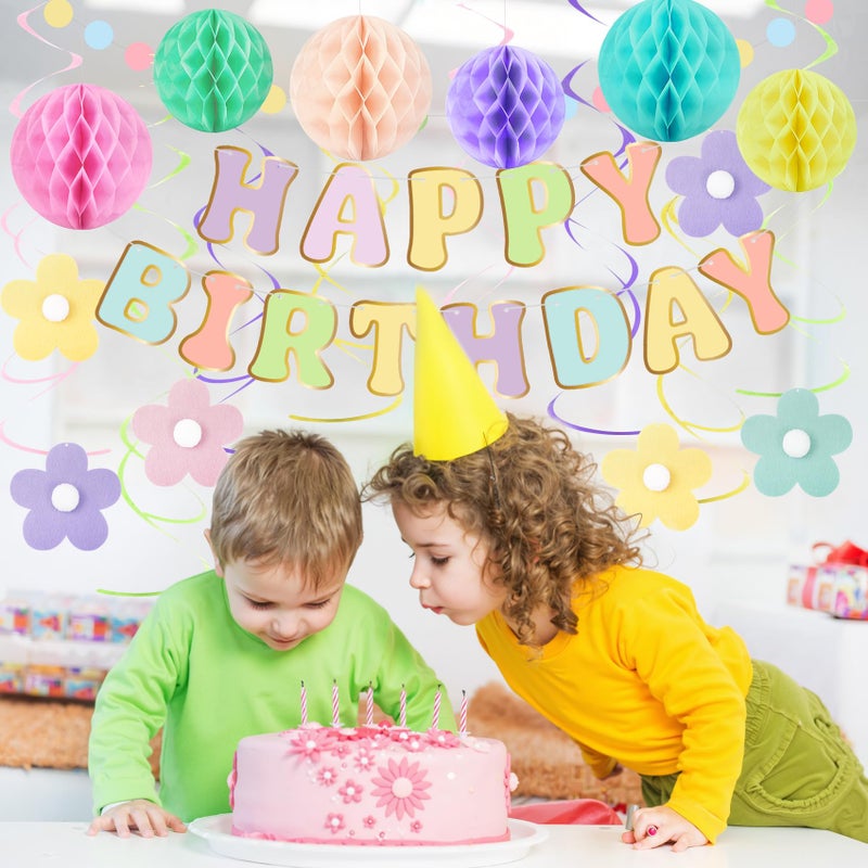 Amandir Pastel Birthday Decorations for Girls Women, Happy Birthday Banner with Honeycomb Balls, Daisy Flowers Hanging Swirls, Circle Dots Garland, Pastel Spring Easter Party Decorations Supplies - Image 3