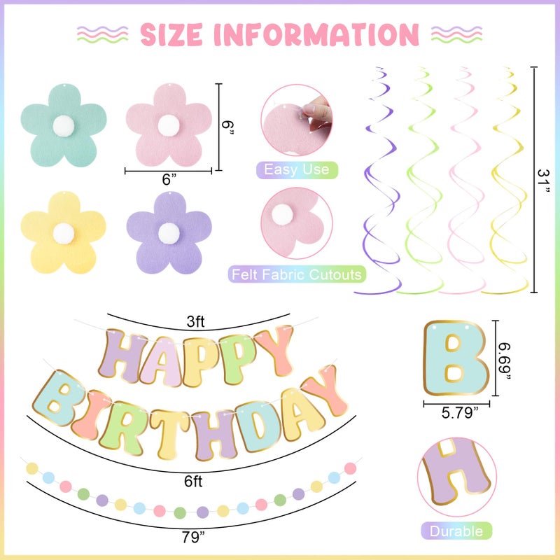 Amandir Pastel Birthday Decorations for Girls Women, Happy Birthday Banner with Honeycomb Balls, Daisy Flowers Hanging Swirls, Circle Dots Garland, Pastel Spring Easter Party Decorations Supplies - Image 4