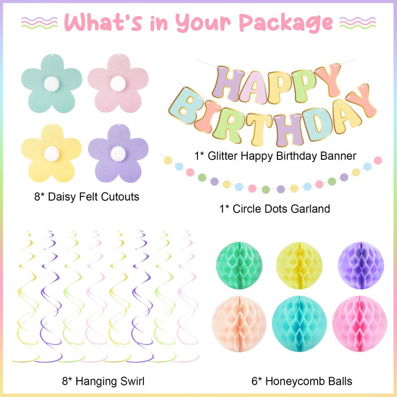 Amandir Pastel Birthday Decorations for Girls Women, Happy Birthday Banner with Honeycomb Balls, Daisy Flowers Hanging Swirls, Circle Dots Garland, Pastel Spring Easter Party Decorations Supplies - Image 2