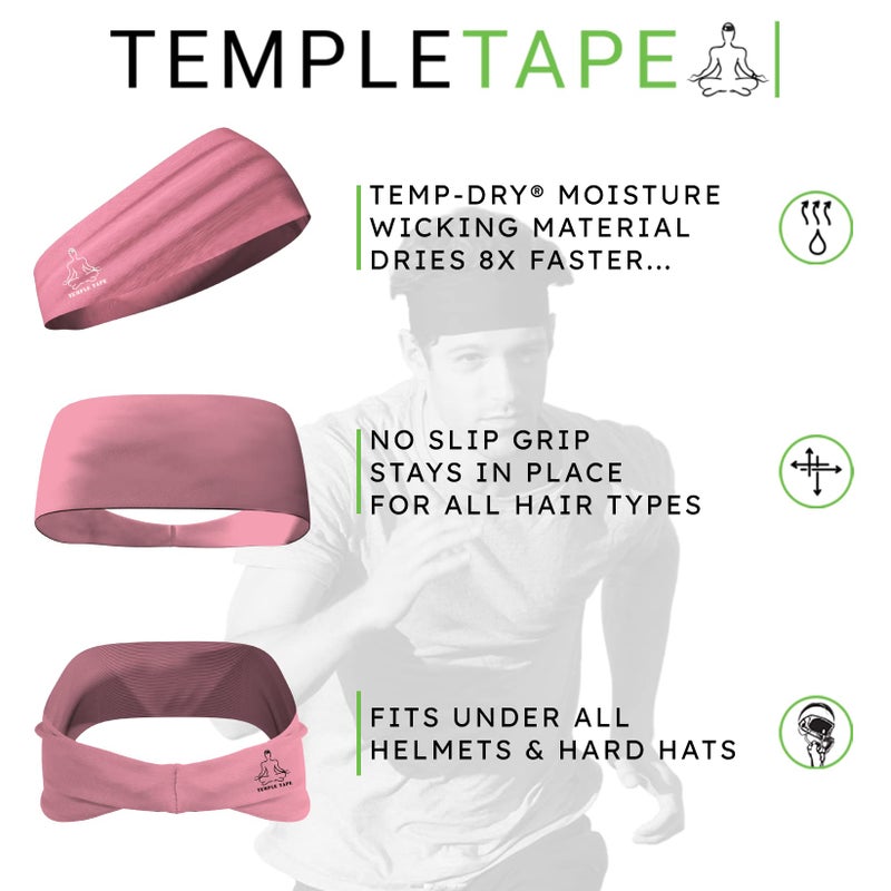 Temple Tape, Value 2-Pack, Mens Headband - Guys Sports Headbands Moisture Wicking Workout Sweatbands for Running, Cross Training, Skiing and Bike Helmet Friendly - 1-Black & 1-Pink Sweatband - Image 5