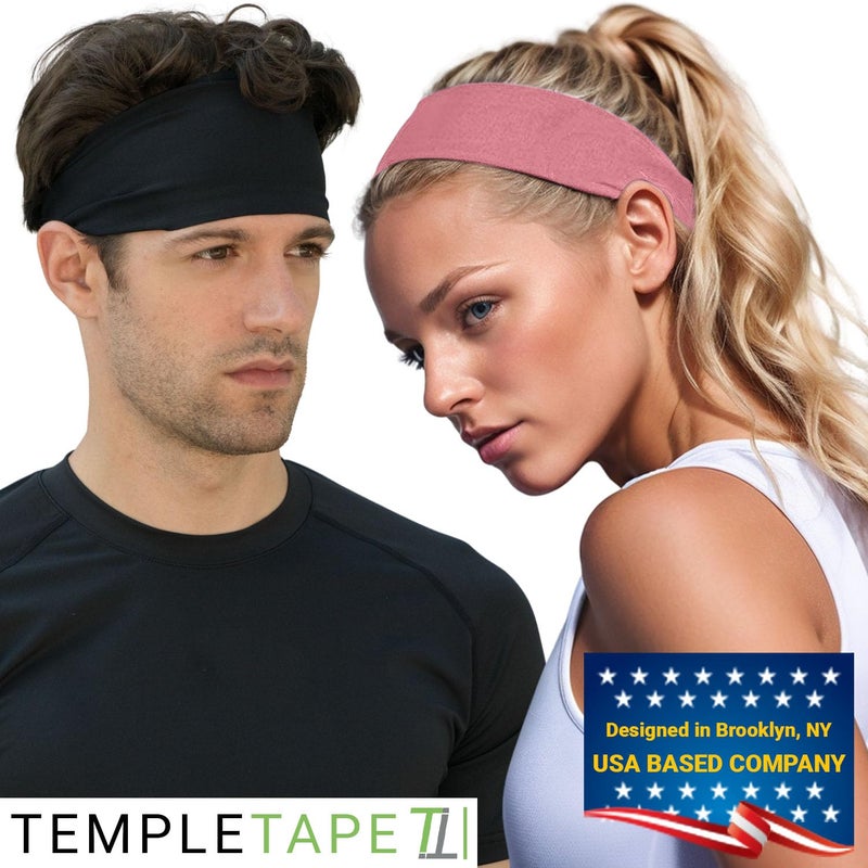 Temple Tape, Value 2-Pack, Mens Headband - Guys Sports Headbands Moisture Wicking Workout Sweatbands for Running, Cross Training, Skiing and Bike Helmet Friendly - 1-Black & 1-Pink Sweatband - Image 3