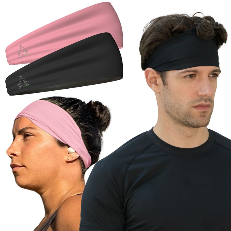 Temple Tape, Value 2-Pack, Mens Headband - Guys Sports Headbands Moisture Wicking Workout Sweatbands for Running, Cross Training, Skiing and Bike Helmet Friendly - 1-Black & 1-Pink Sweatband - Image 1