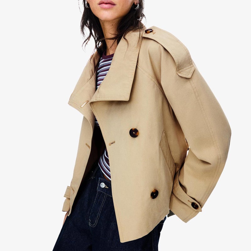 Maohao Women's Cropped Trench Coat Double Breasted Short Jacket High Collar Fall Winter Coats Trendy Outfit with Belt(Khaki,L) - Image 2