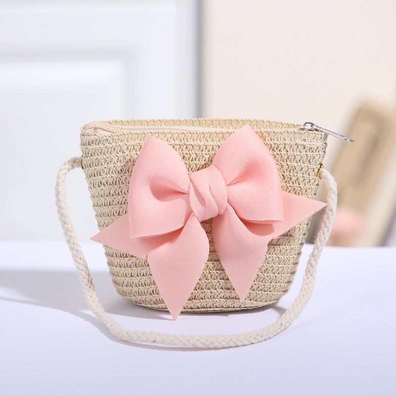 Handwoven Kids Princess Coin Purse Mini Fruit Crossbody BagThree-dimensional pink bow beige Three-dimensional pink bow beige
