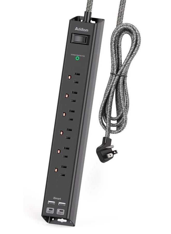 Addtam حماية من زيادة التيار - شريط طاقة مع 6 مآخذ AC و 4 USB (2 منفذ USB-C) من Addtam، 1875W/15A، قابس مسطح مع حماية من زيادة الحمل، موسع مآخذ للمنزل والمكتب وغرفة النوم الجامعية - Image 1