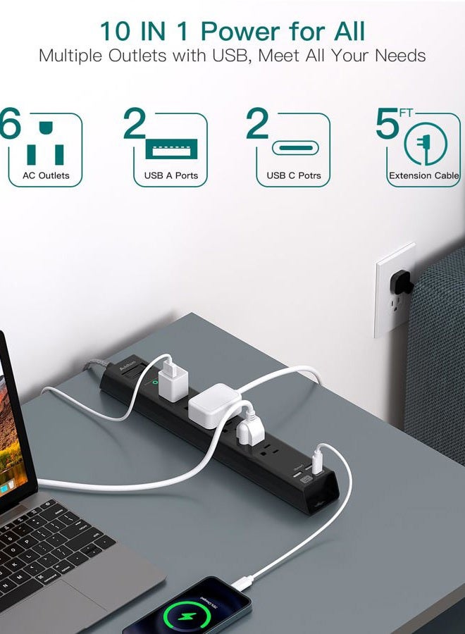 Addtam حماية من زيادة التيار - شريط طاقة مع 6 مآخذ AC و 4 USB (2 منفذ USB-C) من Addtam، 1875W/15A، قابس مسطح مع حماية من زيادة الحمل، موسع مآخذ للمنزل والمكتب وغرفة النوم الجامعية - Image 2