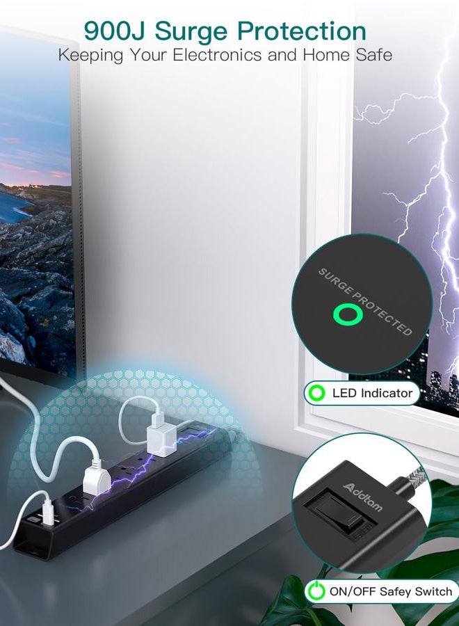 Addtam حماية من زيادة التيار - شريط طاقة مع 6 مآخذ AC و 4 USB (2 منفذ USB-C) من Addtam، 1875W/15A، قابس مسطح مع حماية من زيادة الحمل، موسع مآخذ للمنزل والمكتب وغرفة النوم الجامعية - Image 5