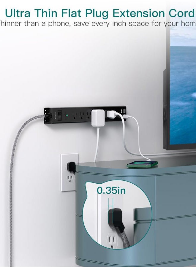 Addtam حماية من زيادة التيار - شريط طاقة مع 6 مآخذ AC و 4 USB (2 منفذ USB-C) من Addtam، 1875W/15A، قابس مسطح مع حماية من زيادة الحمل، موسع مآخذ للمنزل والمكتب وغرفة النوم الجامعية - Image 4