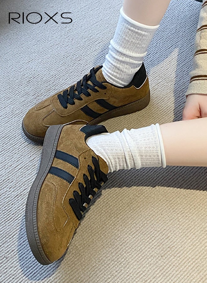 ريوكس أحذية رياضية نسائية، أحذية رياضية كلاسيكية رجعية، أحذية رياضية كاجوال منخفضة الرقبة للسيدات، أحذية رياضية عصرية مانعة للانزلاق مع كعب عادي/منصة، أحذية تنس تزلج بنعل مطاطي ناعم للسفر والعمل اليومي والتسوق، لون بني - Image 3