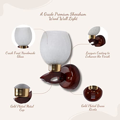 Green House Handmade Sheesham Wood Wall Light/Wall Lamp for Bedrooms/Living Room Featuring Crack Frost Design Glass with Gold Plated Metal Cap and Brass Rivets for a Luxurious Touch - Image 2