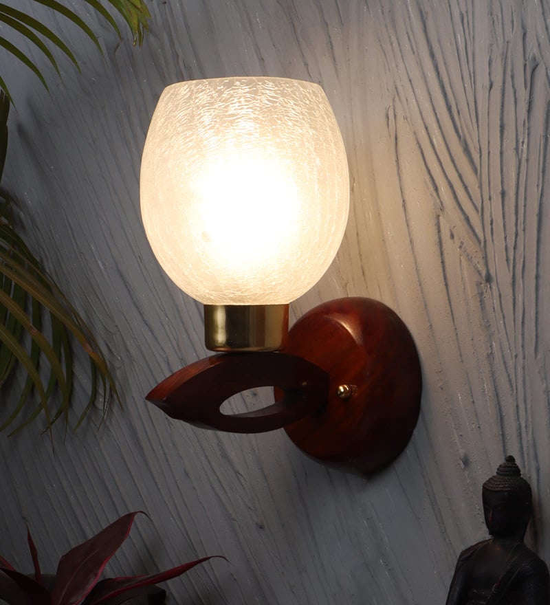Green House Handmade Sheesham Wood Wall Light/Wall Lamp for Bedrooms/Living Room Featuring Crack Frost Design Glass with Gold Plated Metal Cap and Brass Rivets for a Luxurious Touch - Image 1