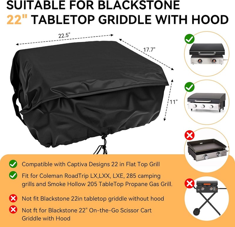 KEYDINHT Griddle Cover for Blackstone 22in Tabletop Griddle with Hood & Captiva Designs 22 in Flat Top Grill - BBQ Gas Grill Cover Tabletop Griddle Cover for Outdoor Grill, Waterproof, Anti-UV, Black - Image 2