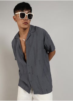 Campus Sutra Men's Ash Grey Embroidered Twist Shirt  - Image 1
