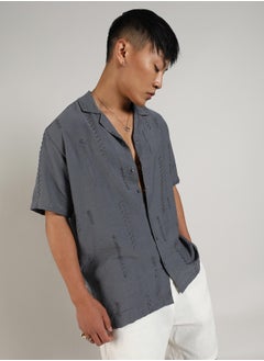 Campus Sutra Men's Ash Grey Embroidered Twist Shirt  - Image 3